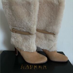 Lauren Ralph Lauren Berit Boots in Camel Suede & Shearling New with Box